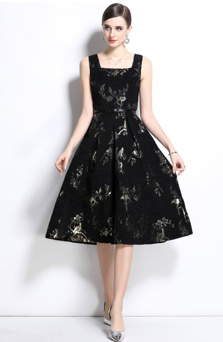 Black Floral Tank A-line Exquisite Dress