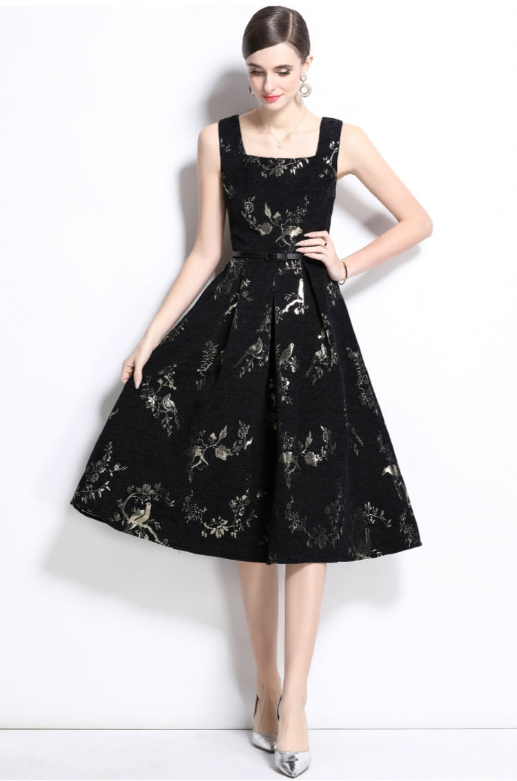 Black Floral Tank A-line Exquisite Dress