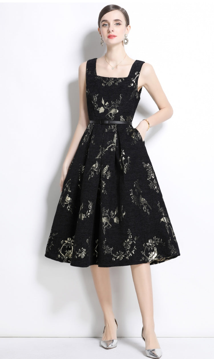 Black Floral Tank A-line Exquisite Dress
