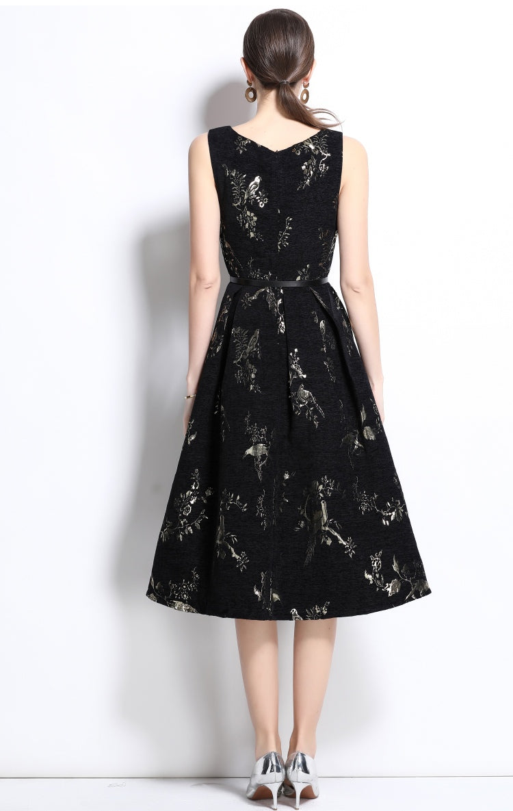 Black Floral Tank A-line Exquisite Dress