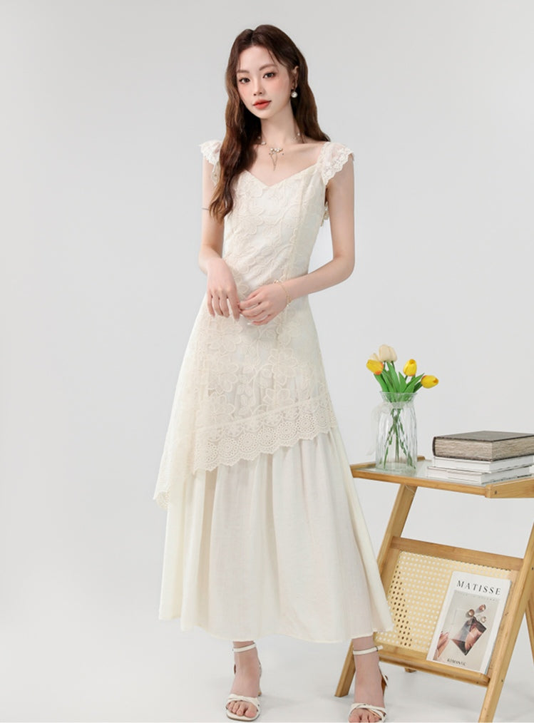 Apricot V-neck Gentle and Elegant Lace Embroidery Irregular Long Dress