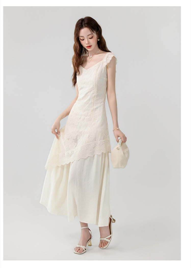 Apricot V-neck Gentle and Elegant Lace Embroidery Irregular Long Dress