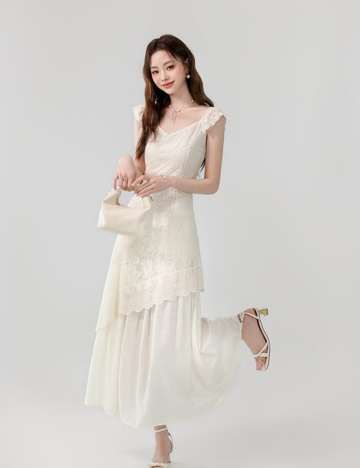 Apricot V-neck Gentle and Elegant Lace Embroidery Irregular Long Dress