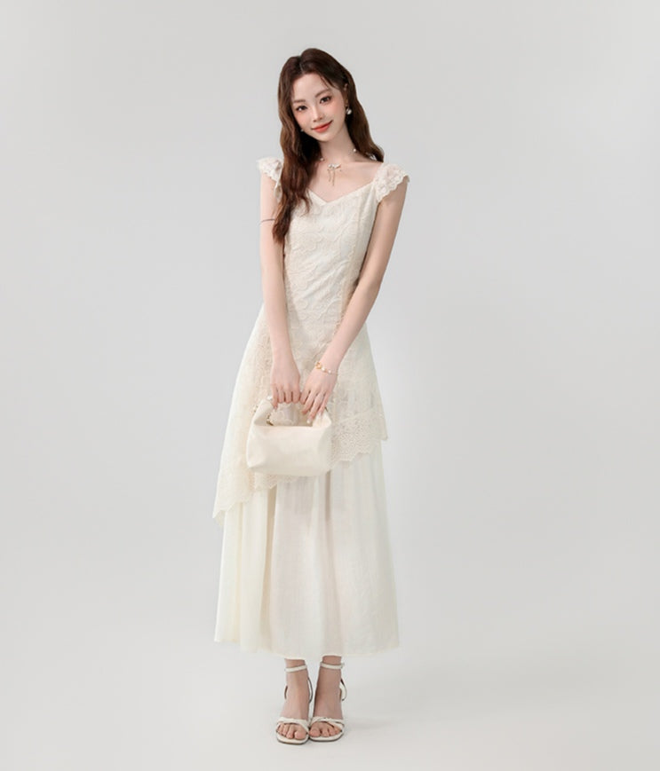 Apricot V-neck Gentle and Elegant Lace Embroidery Irregular Long Dress