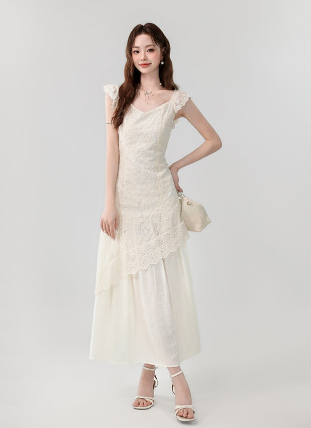 Apricot V-neck Gentle and Elegant Lace Embroidery Irregular Long Dress