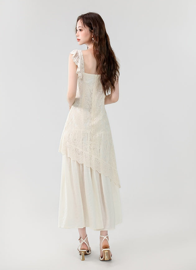 Apricot V-neck Gentle and Elegant Lace Embroidery Irregular Long Dress