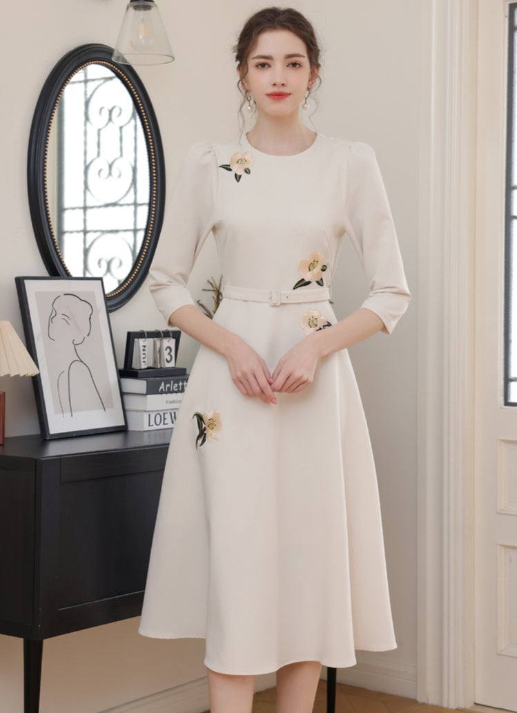 Floral Embroidery Off-white Dress
