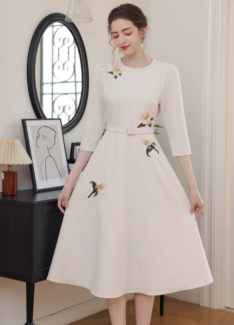 Floral Embroidery Off-white Dress