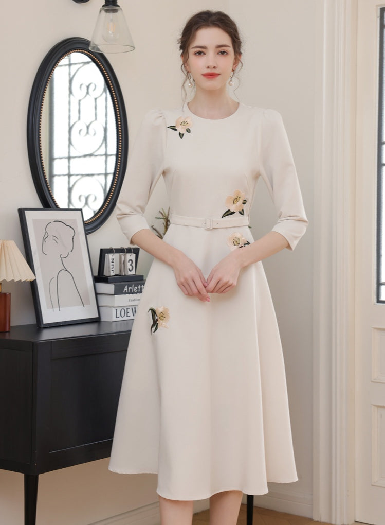 Floral Embroidery Off-white Dress