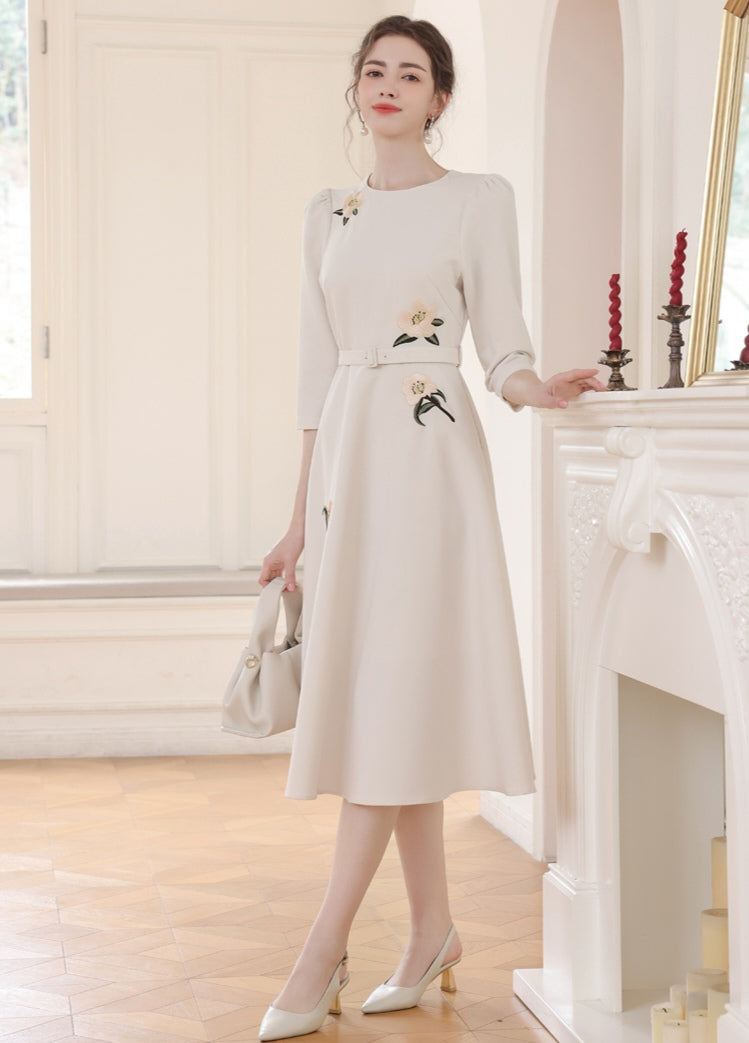 Floral Embroidery Off-white Dress
