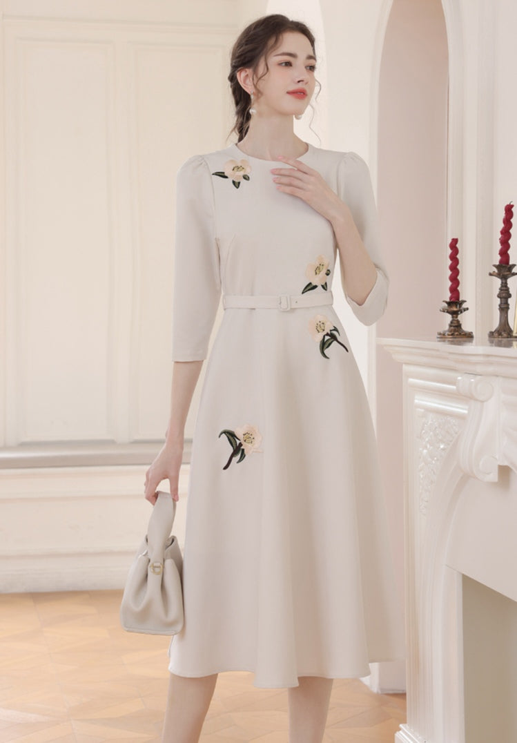 Floral Embroidery Off-white Dress