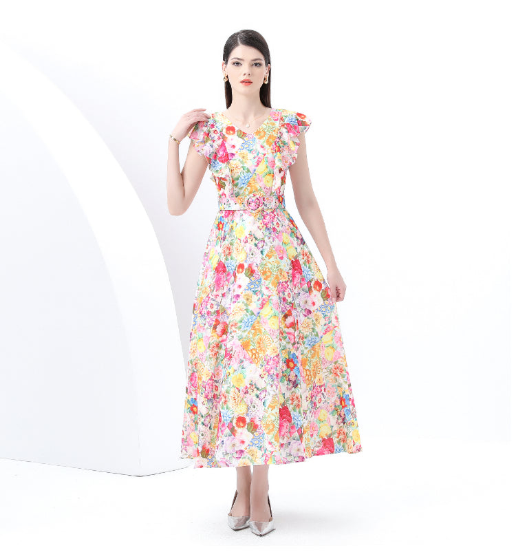 Floral V-neck Ruffled Long Dress