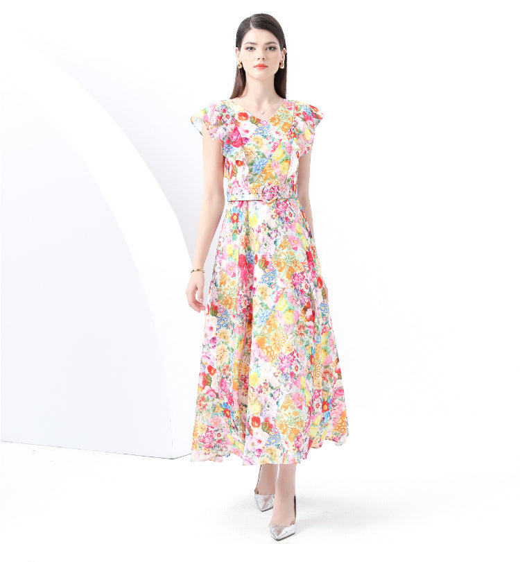 Floral V-neck Ruffled Long Dress