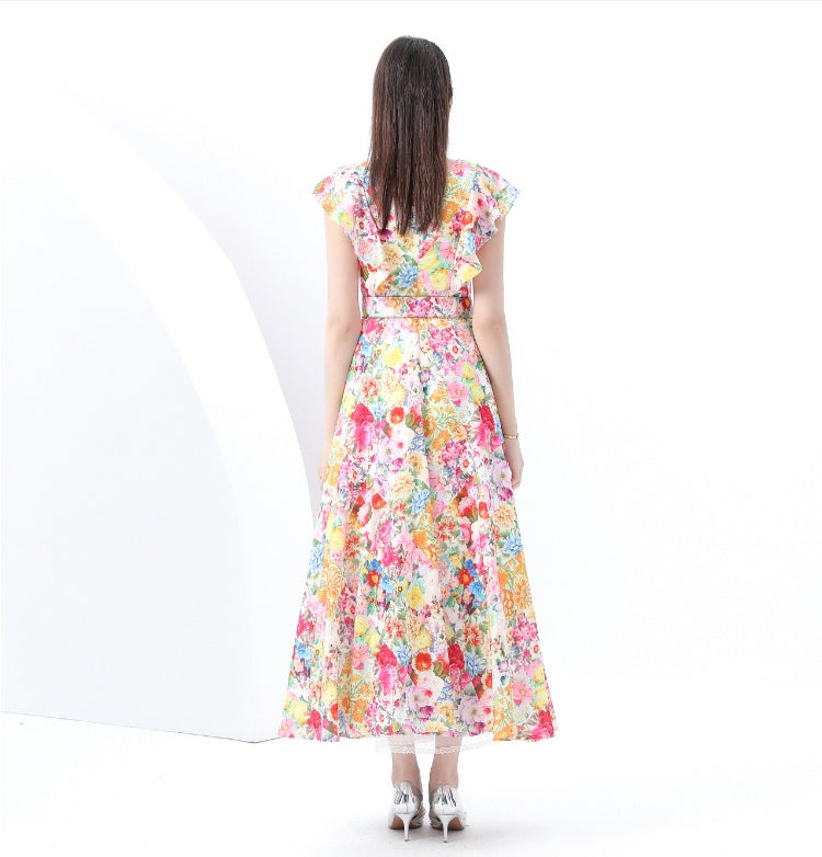 Floral V-neck Ruffled Long Dress