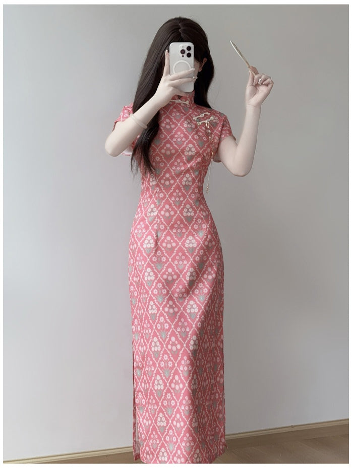 Pink Diamond-Patterned Cheongsam Dress