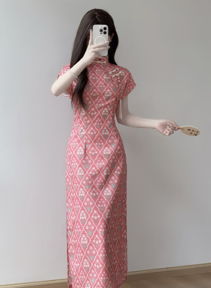 Pink Diamond-Patterned Cheongsam Dress