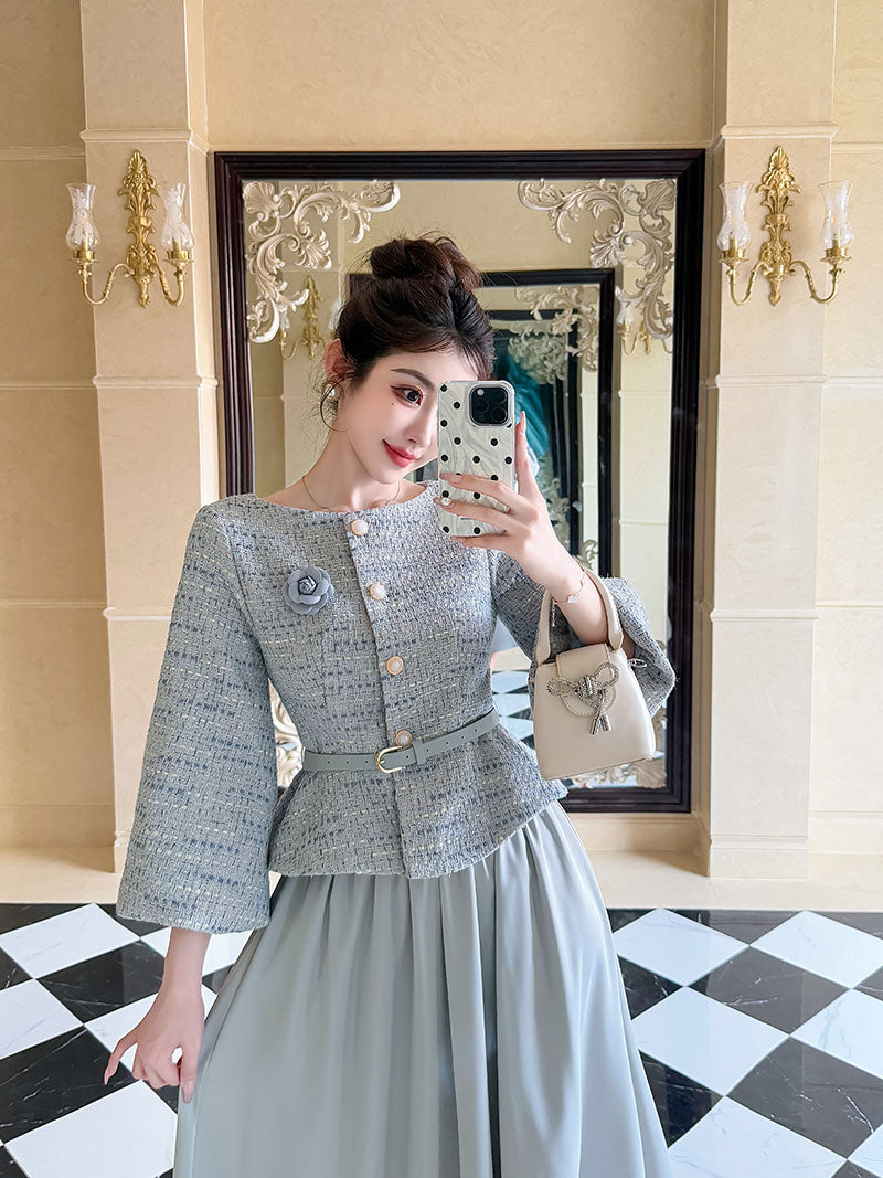 Greyish Blue Cotton Tweed Top + Skirt Two Pieces Set