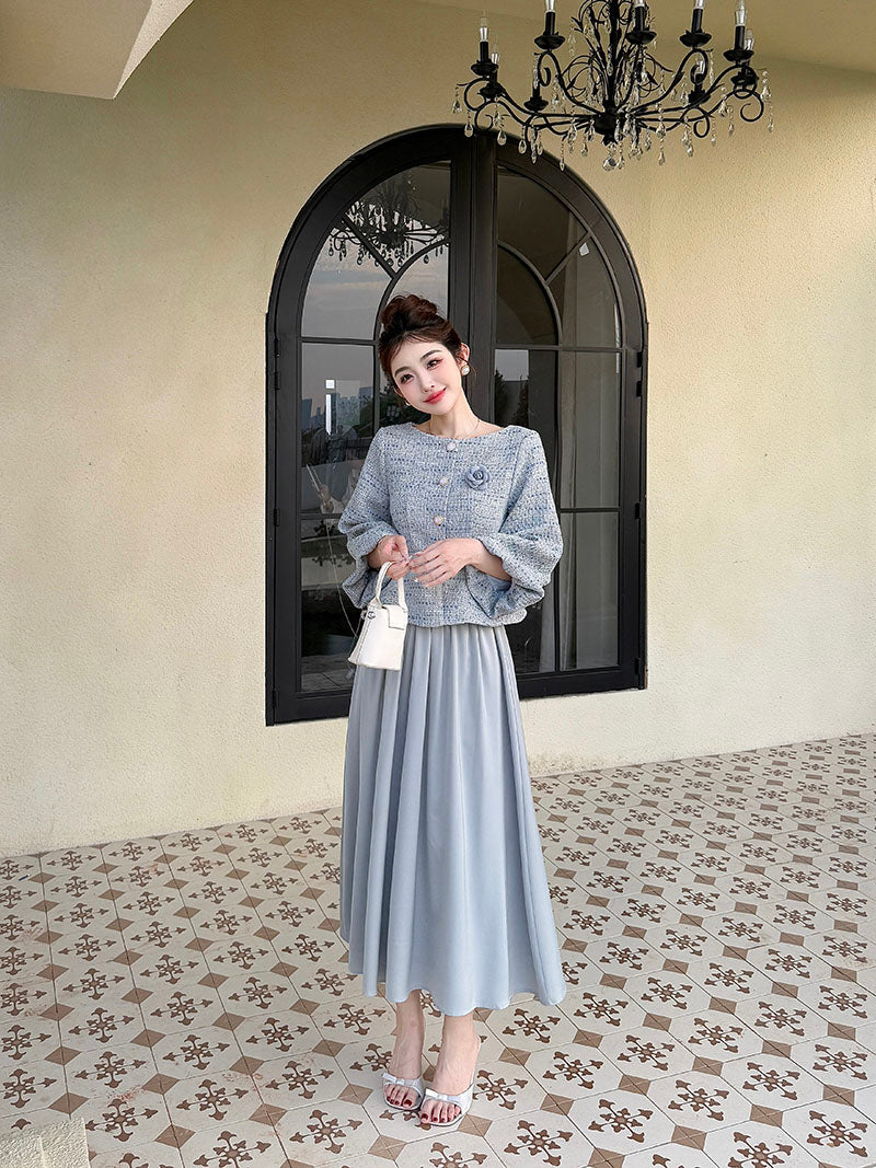 Greyish Blue Cotton Tweed Top + Skirt Two Pieces Set
