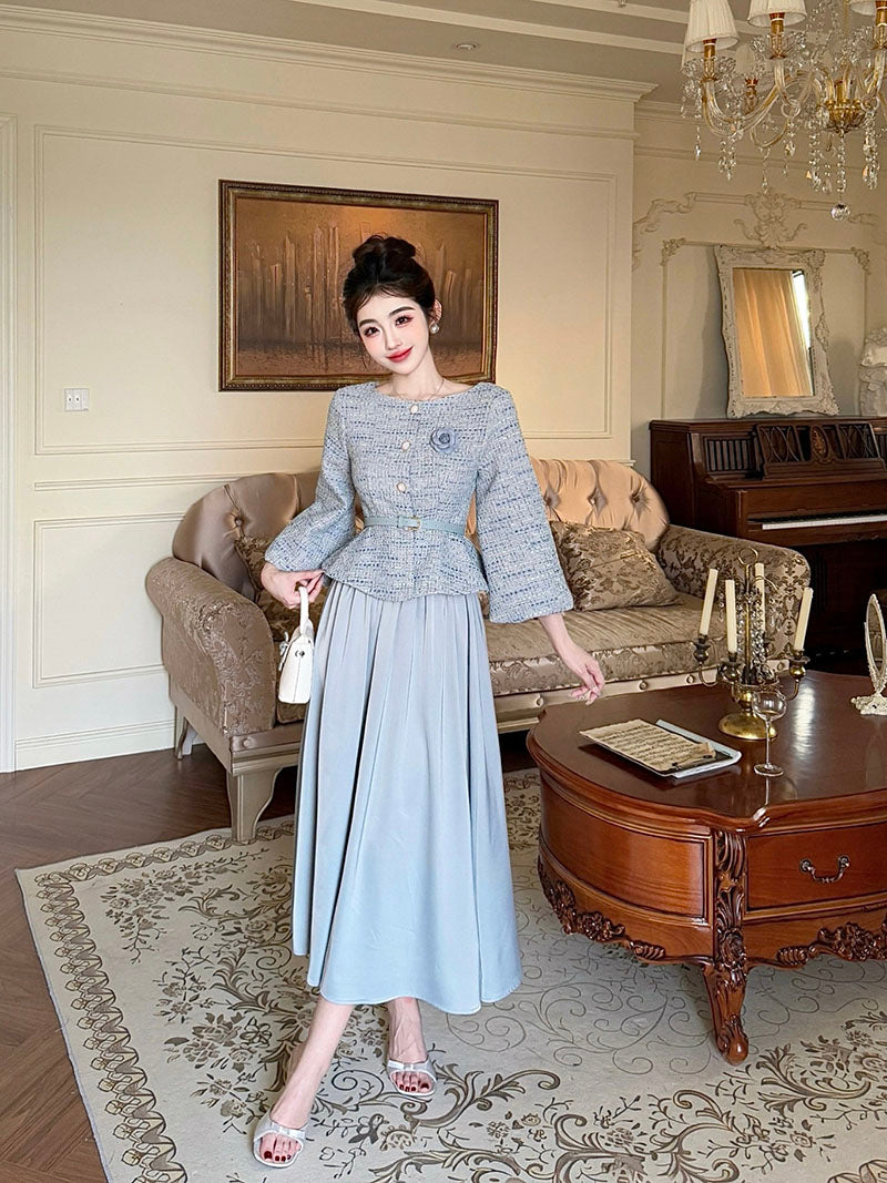 Greyish Blue Cotton Tweed Top + Skirt Two Pieces Set