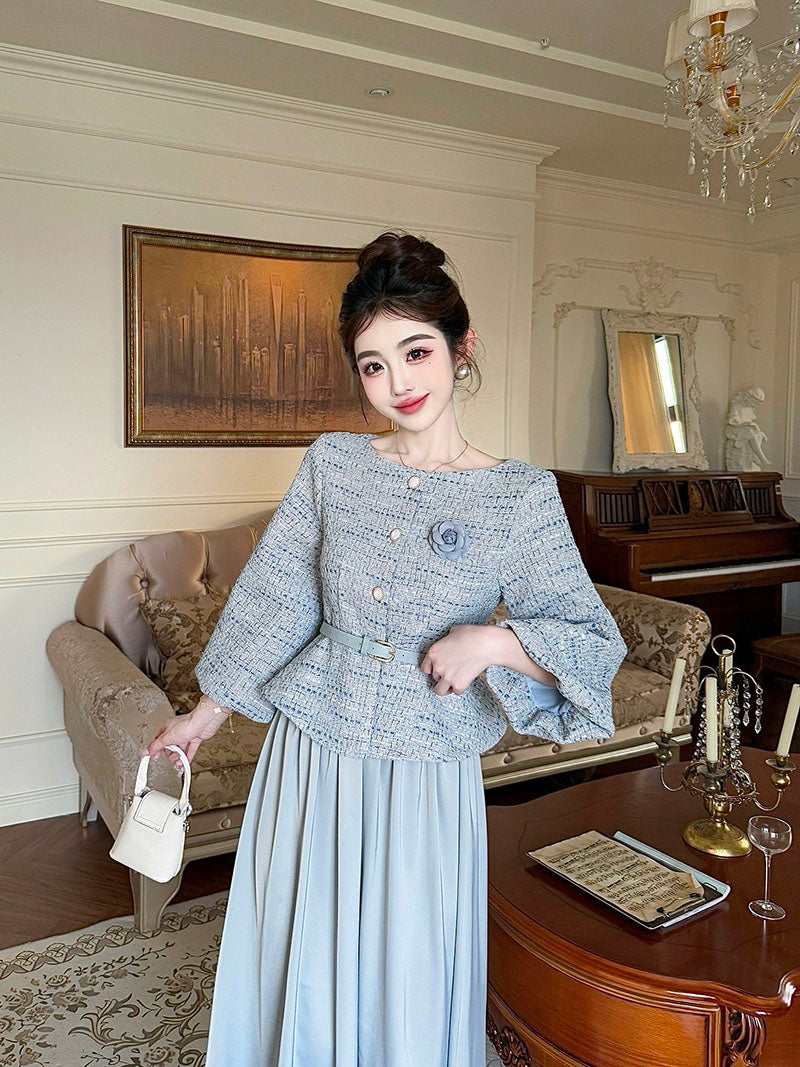 Greyish Blue Cotton Tweed Top + Skirt Two Pieces Set