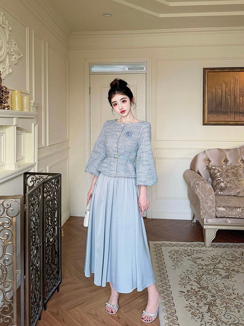 Greyish Blue Cotton Tweed Top + Skirt Two Pieces Set