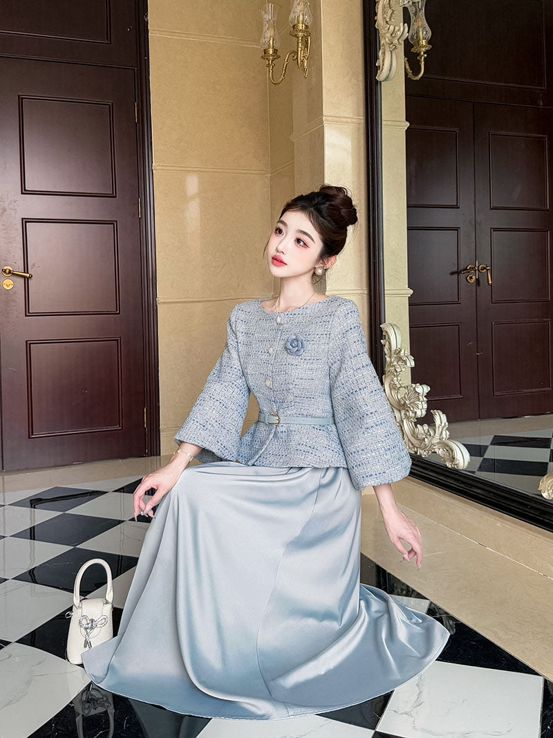 Greyish Blue Cotton Tweed Top + Skirt Two Pieces Set