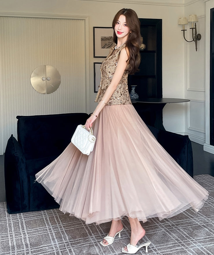 Gold Sequin Vest & Pink Tulle Maxi Skirt Co-ord Set