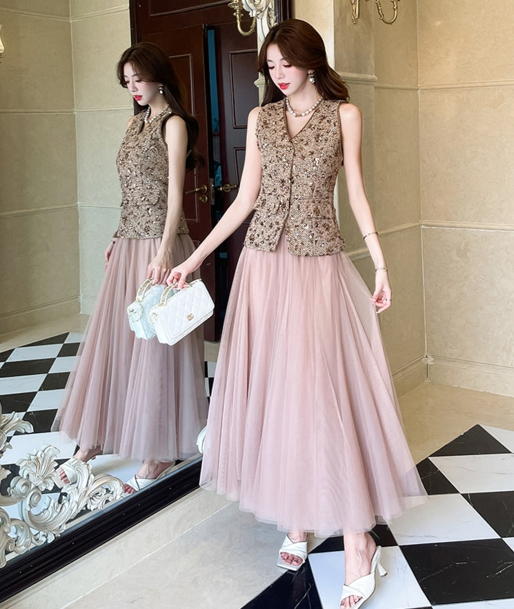 Gold Sequin Vest & Pink Tulle Maxi Skirt Co-ord Set