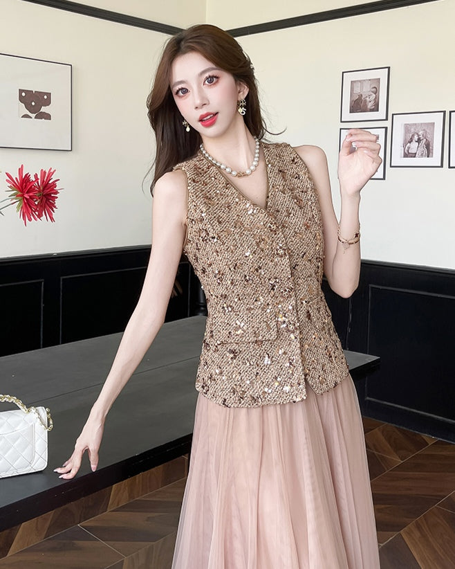 Gold Sequin Vest & Pink Tulle Maxi Skirt Co-ord Set