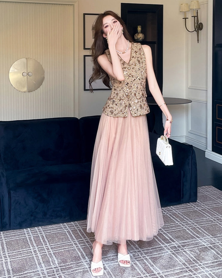 Gold Sequin Vest & Pink Tulle Maxi Skirt Co-ord Set
