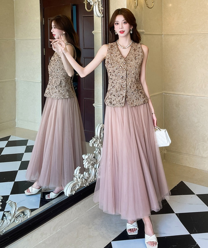 Gold Sequin Vest & Pink Tulle Maxi Skirt Co-ord Set