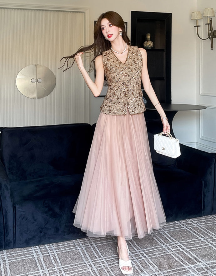 Gold Sequin Vest & Pink Tulle Maxi Skirt Co-ord Set