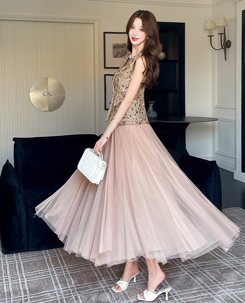 Gold Sequin Vest & Pink Tulle Maxi Skirt Co-ord Set