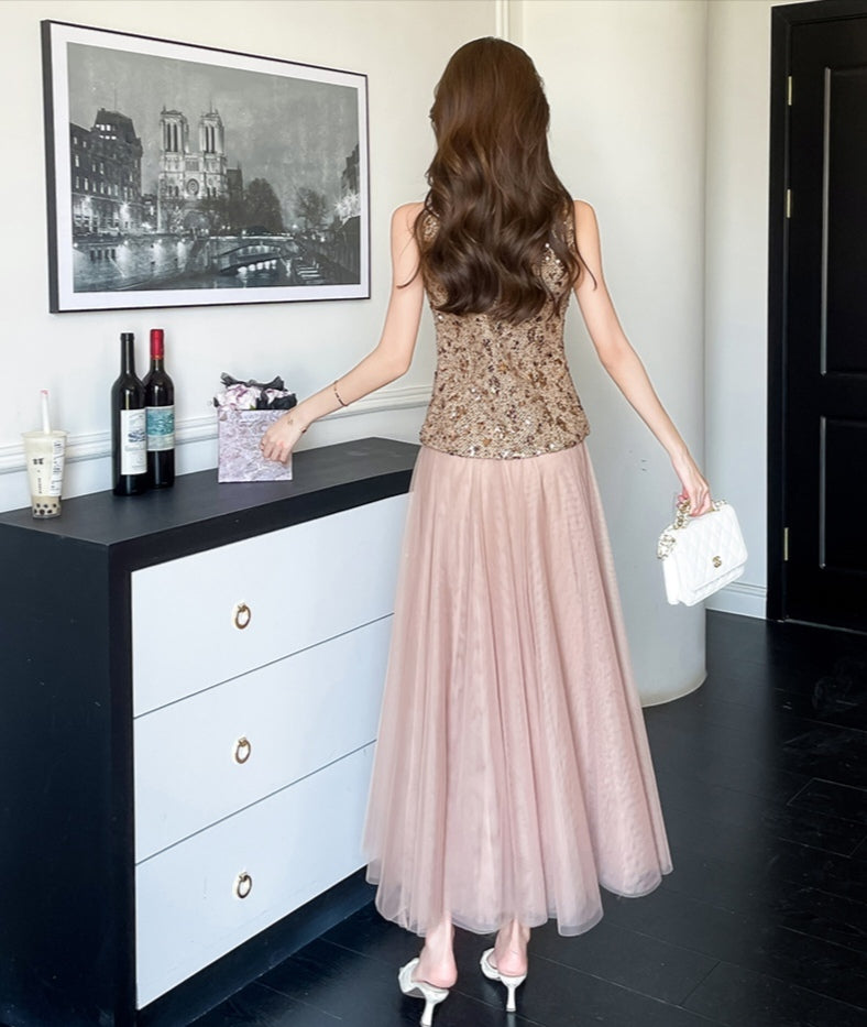 Gold Sequin Vest & Pink Tulle Maxi Skirt Co-ord Set