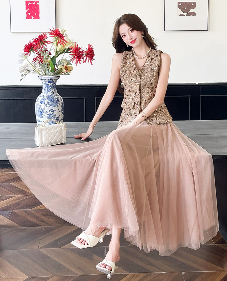 Gold Sequin Vest & Pink Tulle Maxi Skirt Co-ord Set