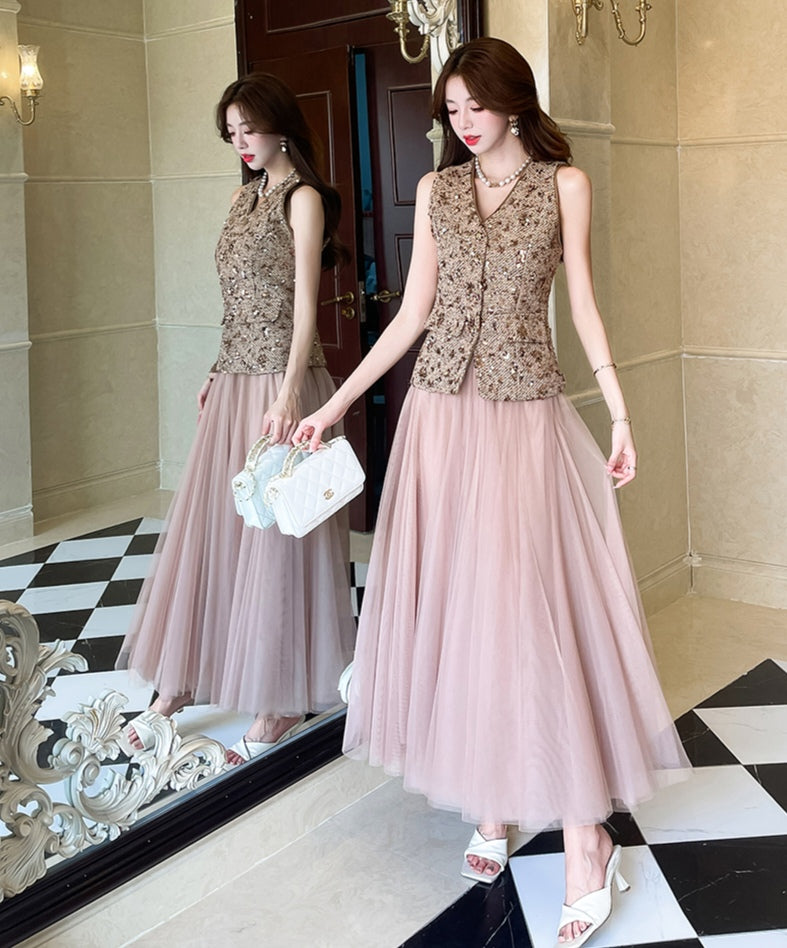 Gold Sequin Vest & Pink Tulle Maxi Skirt Co-ord Set