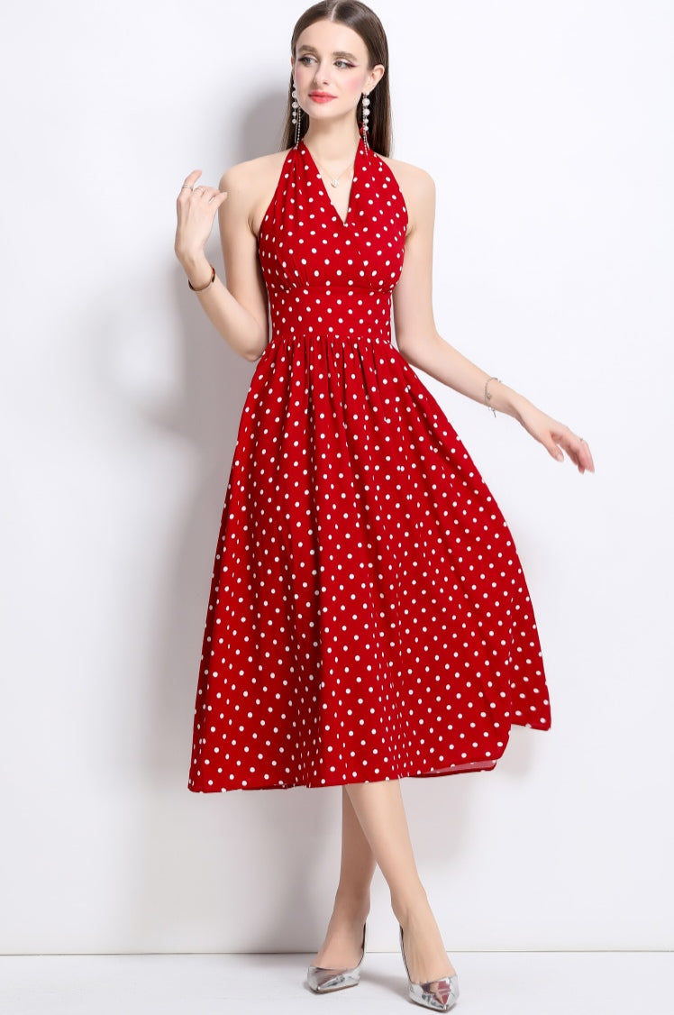 Red Halter Neck Polka Dot Dress