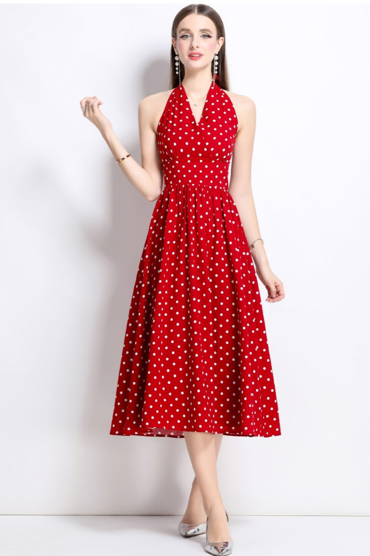 Red Halter Neck Polka Dot Dress