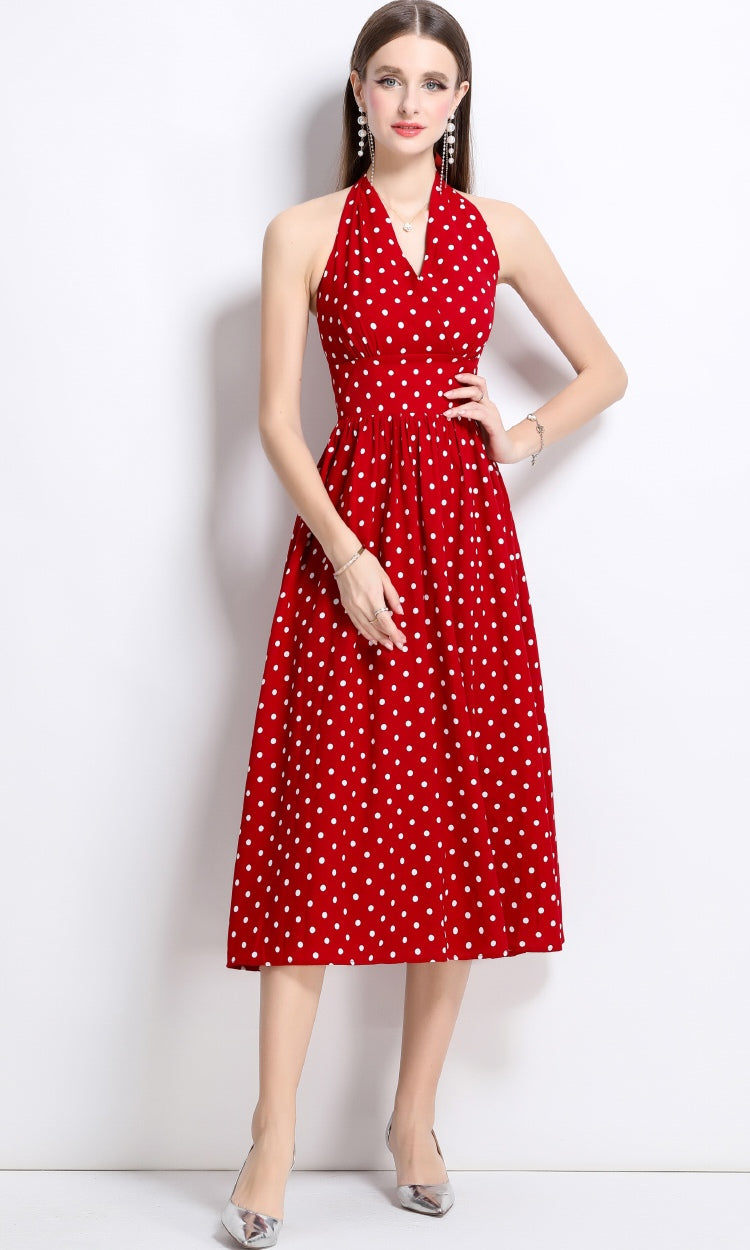 Red Halter Neck Polka Dot Dress