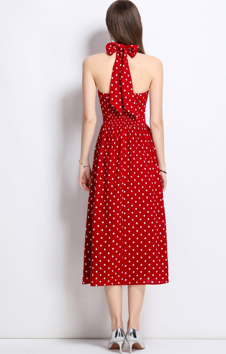 Red Halter Neck Polka Dot Dress
