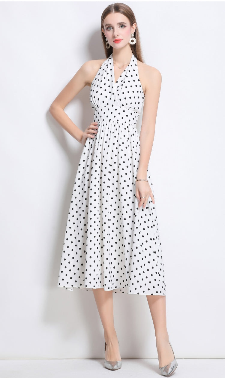 White Halter Neck Polka Dot Dress