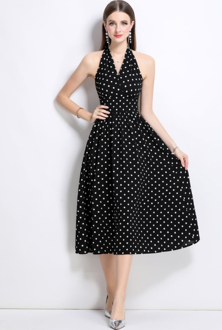 Black Halter Neck Polka Dot Dress