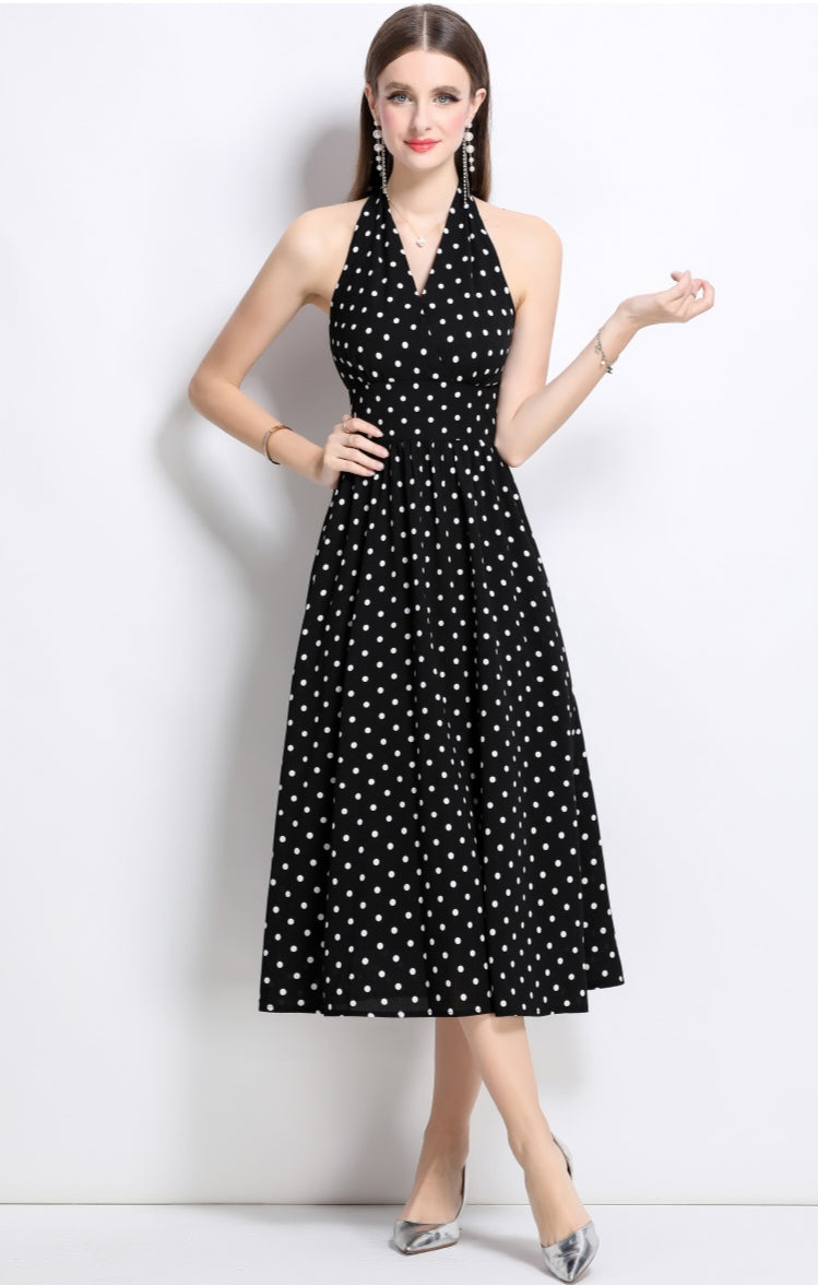 Black Halter Neck Polka Dot Dress