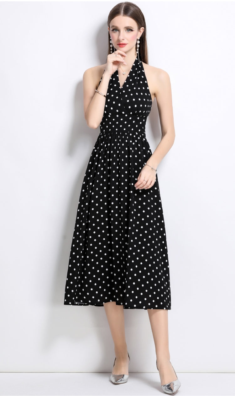 Black Halter Neck Polka Dot Dress