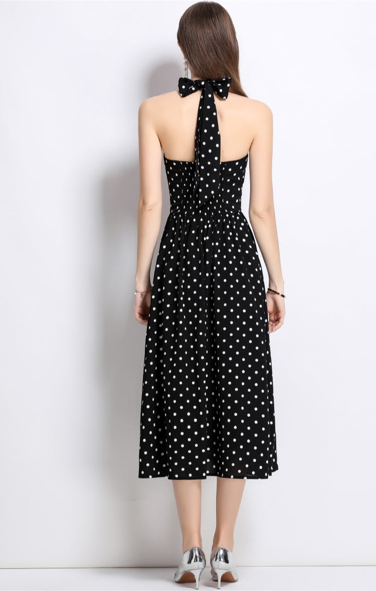 Black Halter Neck Polka Dot Dress