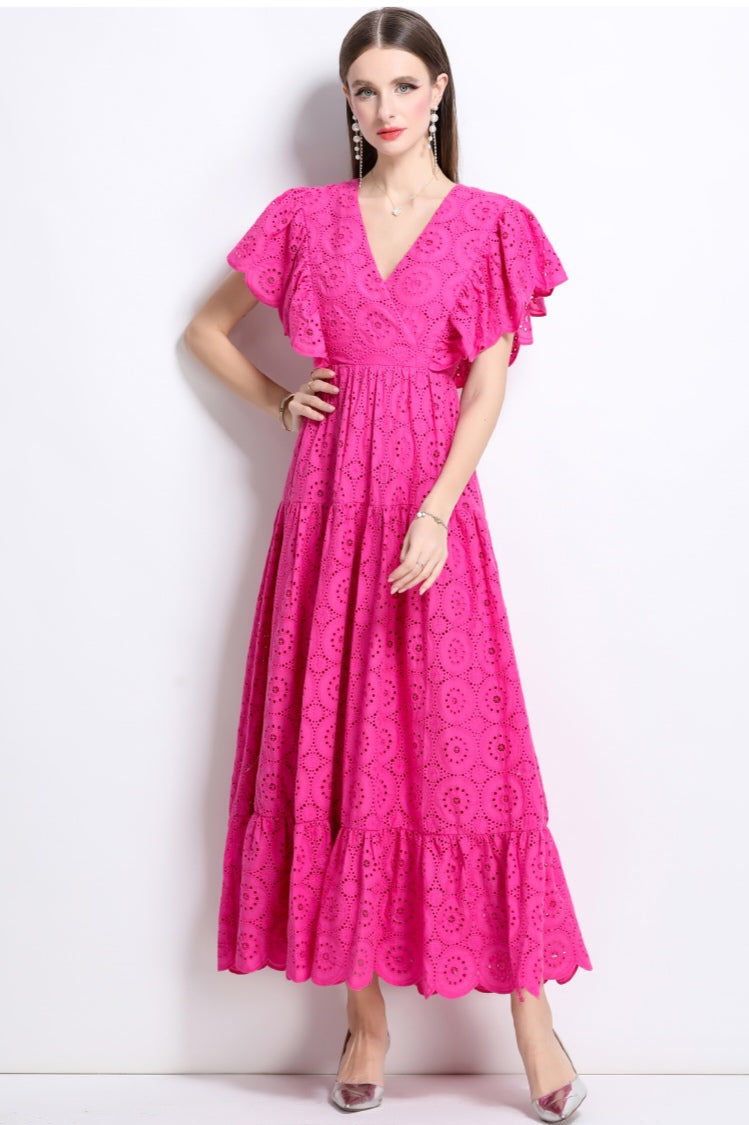 Rose Red Lace Hollow Lotus Leaf V-neck Dress