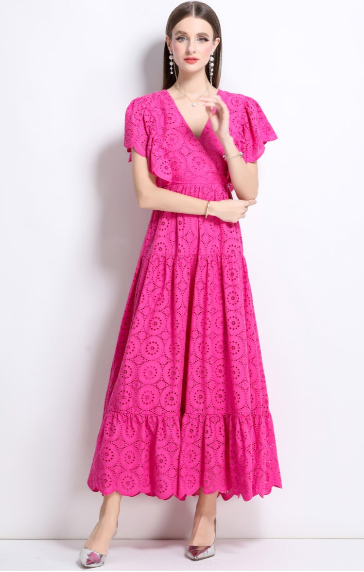Rose Red Lace Hollow Lotus Leaf V-neck Dress