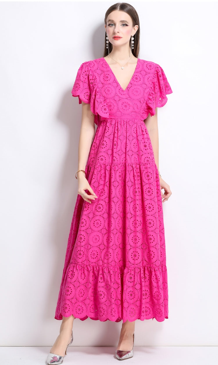 Rose Red Lace Hollow Lotus Leaf V-neck Dress