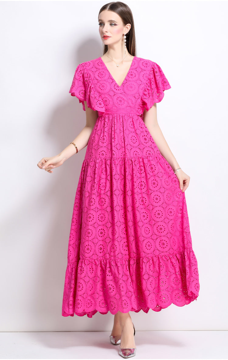 Rose Red Lace Hollow Lotus Leaf V-neck Dress