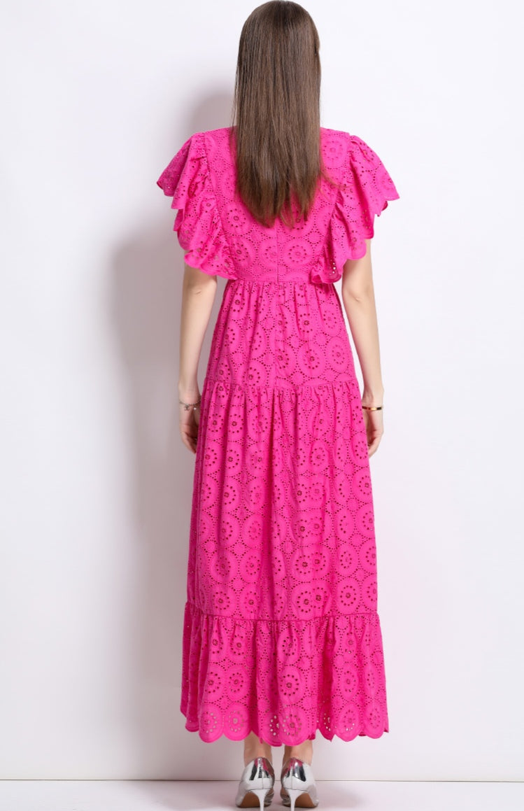 Rose Red Lace Hollow Lotus Leaf V-neck Dress